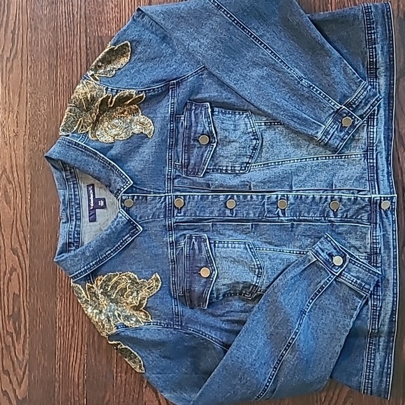 Denim 24/7 Wmns Plus 30W Blue Denim Gold Beaded Sequins Jacket Embellished Bling - Picture 2 of 16